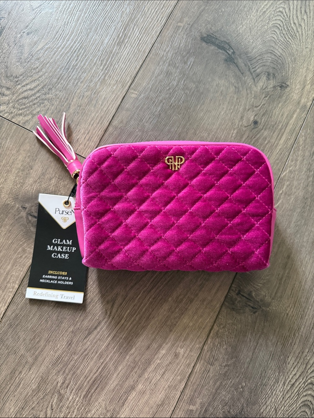 PurseN Quilted Velvet Makeup Pouch - Fuchsia Pink with Gold Accent